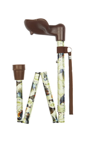 Garden Birds Pattern Short Folding Stick With Anatomical Handle (Left Hand)